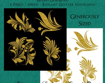 Gold Glitter Flourishes Graphics | Elegant Clip Art | Faux Glitter Art | Digital Download Generous Sizes Created at 300ppi in PNG Format Art