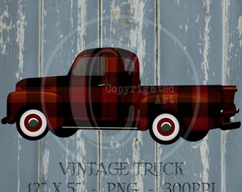 Buffalo Plaid Vintage Pickup Truck | PNG Clip Art | Generously Sized and Fine for Sublimation Printing | Rust and Black Buffalo Plaid Truck