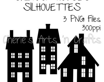 Saltbox Houses Silhouettes, Silhouettes, Silhouette Clipart, PNG Files, Instant Download, Silhouette Graphics, Silhouette Primitive Houses