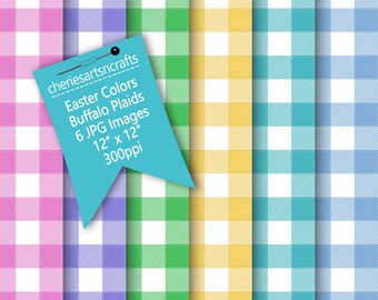 Easter Colors Buffalo Plaid Digital Backgrounds | 12 by 12 Digital Papers | Cute Fabric Style Buffalo Plaid with Stitching | Scrapbooking