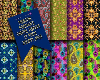 Peacock Feathers, Paisleys Digital Papers Pack | 12 JPG Files | Digital Scrapbooking Papers | Surface Patterns | Peacock Feather Patterns