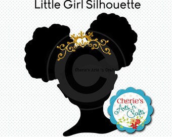 Little Girl Silhouette | African Girl Silhouette | Natural Hair Afro Puffs | Hair Style Clip Art | Little Girl With Tiara Silhouette Clipart