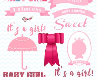 Pink Baby Shower Clip Art Pack, Baby Girl Clipart, Baby Shower Clip Art, Party Clipart, Digital Download, Digital Designers Graphics Clipart