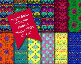 Boho Digital Papers, Bright Boho Digital Scrapbook Backgrounds, Digital Download Patterns, Digital Papers, Digital Scrapbooking, Digitals