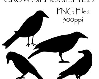 Crow Silhouettes, Crow Clipart, Clip Art, Birds, Black Crows Graphics, Silhouettes, PNG Graphics, Crow Clip Art Kit, Black Bird Clipart