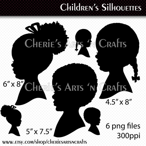 Children's Silhouettes, Silhouettes, Silhouette Clip Art, Silhouette Graphics, Instant Download, Afro Silhouettes, Digital Scrapbooking