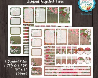 Burlap and Flowers Digital Stickers Printable Sheets | Print at Home | DIY Stickers | Personal Planner Sticker Sheets | JPG and PDF Digitals