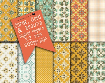 Paisley  Gold, Coral, Teal and Brown Instant Download Digital Backgrounds | Digital Scrapbook Pages | Paisley Patterns | Paper Printables