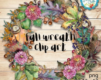 Fall Wreath Clip Art | Designer Resources | Wreath Cliparts | Autumn Graphics | Fall Digital Downloads | Digital Clip Art | Watercolor Fall