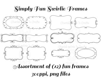 Instant Download, Swirlie Frames, Digital Download PNG Files, Clip Art Frames Kit, Set of 12 Images, Original