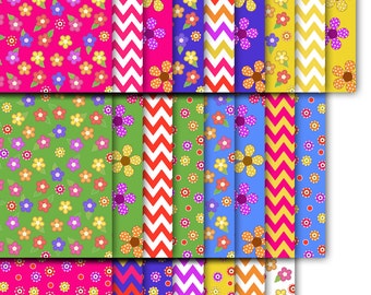 Floral Digital Papers | Flowers Digital Backgrounds | Designer Resources | Chevron Stripes Patterns | Flower Patterns | Digital Scrapbooking