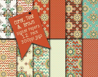 Chevron, Coral, Teal, Brown, Southwestern Style Scrapbook Papers, Tribal Patterns, Coral Colors, Background Patterns, Digital Backgrounds