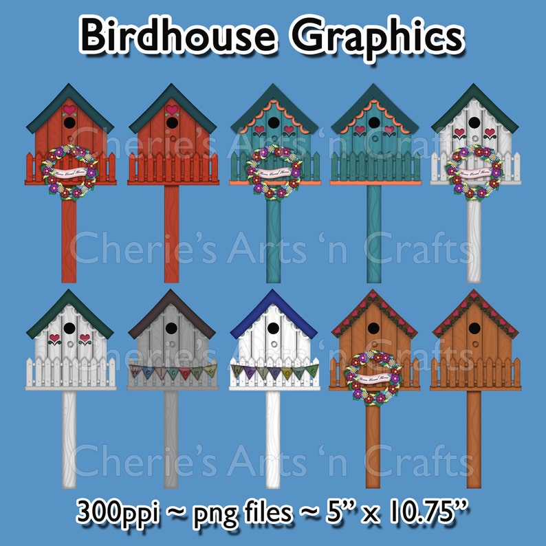 Birdhouses Clipart, Birdhouse Graphics, Prim Graphics, Country Folk Art Graphics, Birdhouse Clip Art image 1