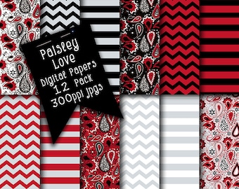Red, Black, Gray and White Paisley Digital Papers |Scrapbook Papers | Repeat Patterns |Designer Resources | Digital Illustrations | Paisleys