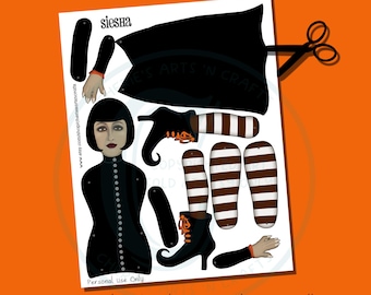 May include: A paper doll print with a black outfit, boots, and striped stockings. The print includes the text "Cherie's Arts 'n Crafts", "siesha", and "You Print and Cut Mechanical Paper Doll Prints on 8.5 x 11 Size Paper of Your Choice". Scissors are also included.