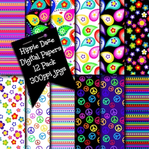 Hippie Digital Papers, Hippie Daze Digital Scrapbooking Paper, Printables, Background Papers, Peace Signs, Groovy Flowers, Hippie Style Art