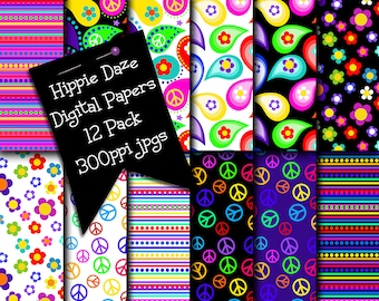 Hippie Digital Papers, Hippie Daze Digital Scrapbooking Paper, Printables, Background Papers, Peace Signs, Groovy Flowers, Hippie Style Art