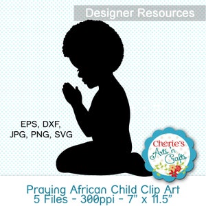 Little Boy Praying Silhouette Clip Art African Boy Clip Art Digital Download Art SVG, PNG, DXF, jpg, eps Files Afro Hair Boy Clipart image 1