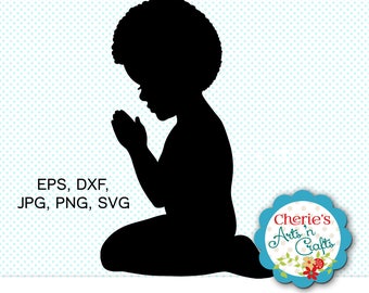 Little Boy Praying Silhouette Clip Art | African Boy Clip Art | Digital Download Art | SVG, PNG, DXF, jpg, eps Files | Afro Hair Boy Clipart