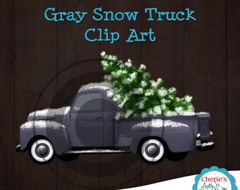 Gray Vintage Truck Clip Art | Vintage Truck with Pine Tree Clipart | Designer Resources | PNG Digital Clip Art | Christmas Clip Art