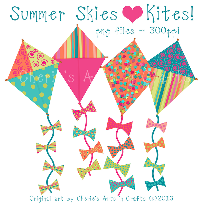 Kites Clip Art Summer Clipart 4 PNG Files Cute Kites Clipart Kites Graphics Fine for Sublimation Printing High Quality Clip Art image 1
