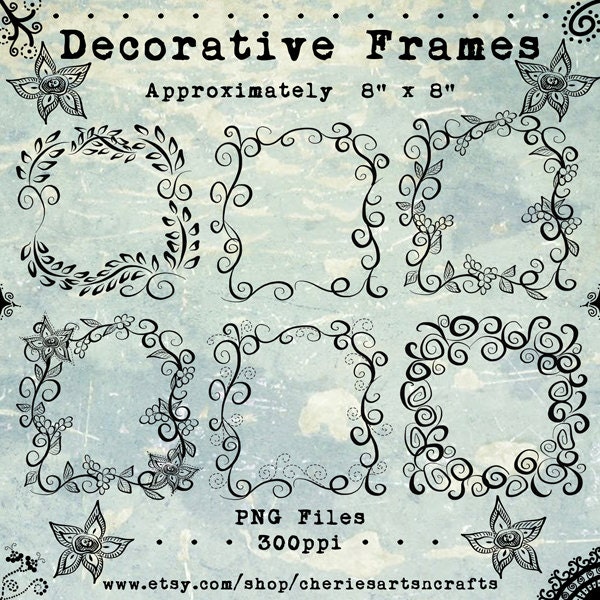 Decorative Swirlie Floral Frames, PNG Borders, Boho Frames Clip Art, Funky and Whimsical, Decorative Borders, Instant Download Graphics