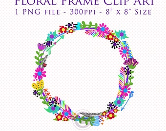 Clip Art Single, Floral Frame Clip Art, Floral Border, Round Floral Frame Clip Art, Digital Scrapbooking, Digital Download Clip Art, Flowers