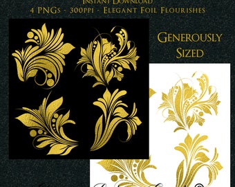 Gold Foil Flourishes Graphics | Elegant Clip Art | Faux Gold Foil | Digital Download Generous Sizes Created at 300ppi in PNG Format Art