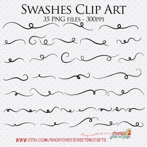May include: A set of 35 black and white swashes, or decorative flourishes, in a variety of shapes and sizes. The swashes are perfect for adding a touch of elegance to any design project.  The image includes the text "SWASHES CLIP ART" and "35 PNG FILES - 300PPI".