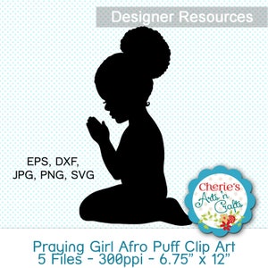 Little Girl Praying Silhouette Clip Art | African Girl Clip Art | Digital Download Art | SVG, PNG, DXF, jpg, eps Files | Afro Hair Clipart