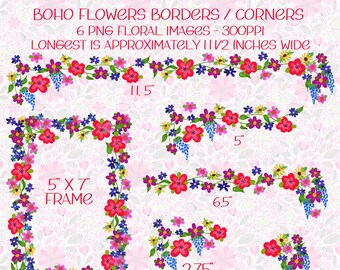 Boho Flowers Borders and Corners | PNG Files | Generously Sized | Fine For Sublimation Printing | Art for Artists | Designer Resources | Art