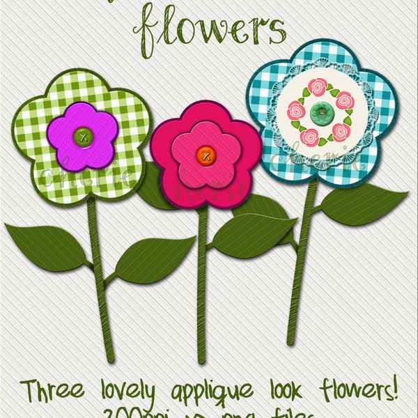 Instant Download, Applique Flower Graphics, Floral Art Images, Flower Clip Art, Gingham Checks, Felt Look Flowers.