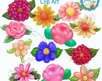 Painted Flowers Clip Art | Digital Paint Flowers Graphics | Designer Resources | Digital Clip Art | PNG | JPG and PDF | Zipped Digital File