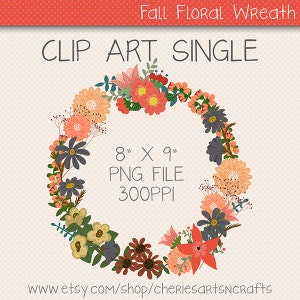 Clip Art Single, Fall Floral Wreath, Autumn Digital Art, Digital Download, Digital Scrapbooking, Flowers, Floral Motif, Downloadable Graphic