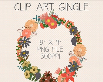 Clip Art Single, Fall Floral Wreath, Autumn Digital Art, Digital Download, Digital Scrapbooking, Flowers, Floral Motif, Downloadable Graphic