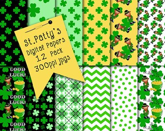 Saint Patrick's Day | Leprechaun and Pot Of Gold | Digital Papers | Digital Backgrounds | St. Patty's Day Cute Characters | Irish | Clovers