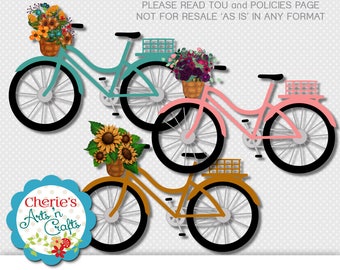 Bicycle Clip Art | Fall Flowers in Baskets | Bikes With Baskets and Flowers Clip Art | Designer Resources | Digital Downloads | PNG Clip Art