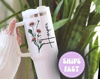 Personalize Birthflower Tumbler, Custom Tumbler with Straw, Tumbler with Handle, Insulated Travel Mug, Birthday Gifts for Mom