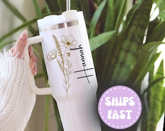 Personalize Birthflower Tumbler, Custom Tumbler with Straw, Tumbler with Handle, Insulated Travel Mug, Birthday Gifts for Mom