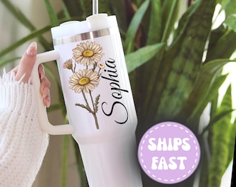 Personalize Birthflower Tumbler, Custom Tumbler with Straw, Tumbler with Handle, Insulated Travel Mug, Birthday Gifts for Mom