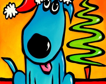 Christmas blue dog painting pop Art original Canvas Print by Fidostudio - Merry