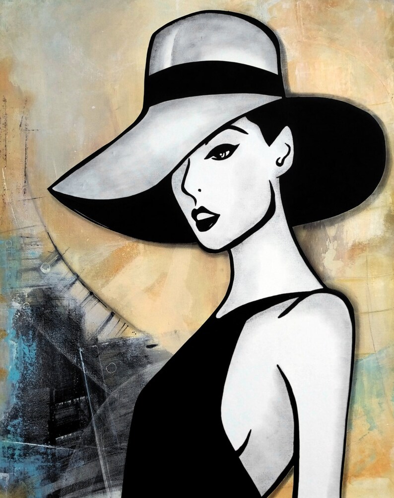 Abstract art painting Modern Home Decor LARGE Canvas Wall hat girl by Fidostudio image 2