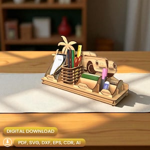 May include: A wooden desk tidy in the shape of a classic car, with sections for a phone, pens, sticky notes, and an eraser. The organizer has a palm tree design and the word "PHONE" is visible. The phone displays the time as 12:00.