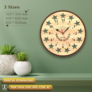 May include: A wooden wall clock with a light brown face and a dark brown border. The clock features star-shaped cutouts around the edge and the words "UNITED STATES" and "1776". The clock hands are black with a red second hand. The image also shows the available sizes: 320mm, 620mm, and 920mm.