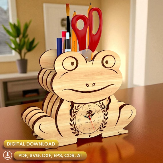 Cute Frog Pen Holder and Clock Laser Cut, Gift, Desk Storage