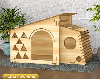 Casa para gatos cortada con láser en formato SVG, hogar de lujo para mascotas (descarga digital)