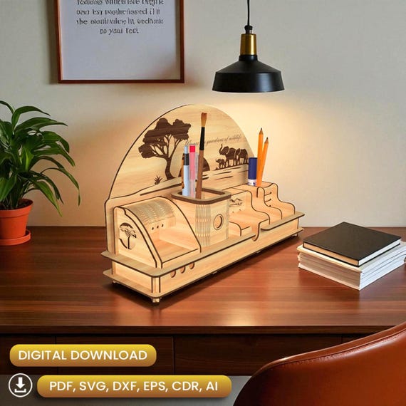 Laser Cut Wood Desk Organizer, Office Supplies Svg, Laser Storage Box, Pen Holder, Pencil Holder Design, Phone Stand Dxf, Custom Gift |#N122