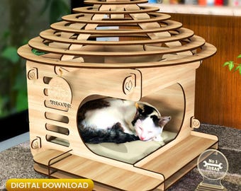 Plantilla de casita acogedora para gatos cortada con láser (descarga digital)