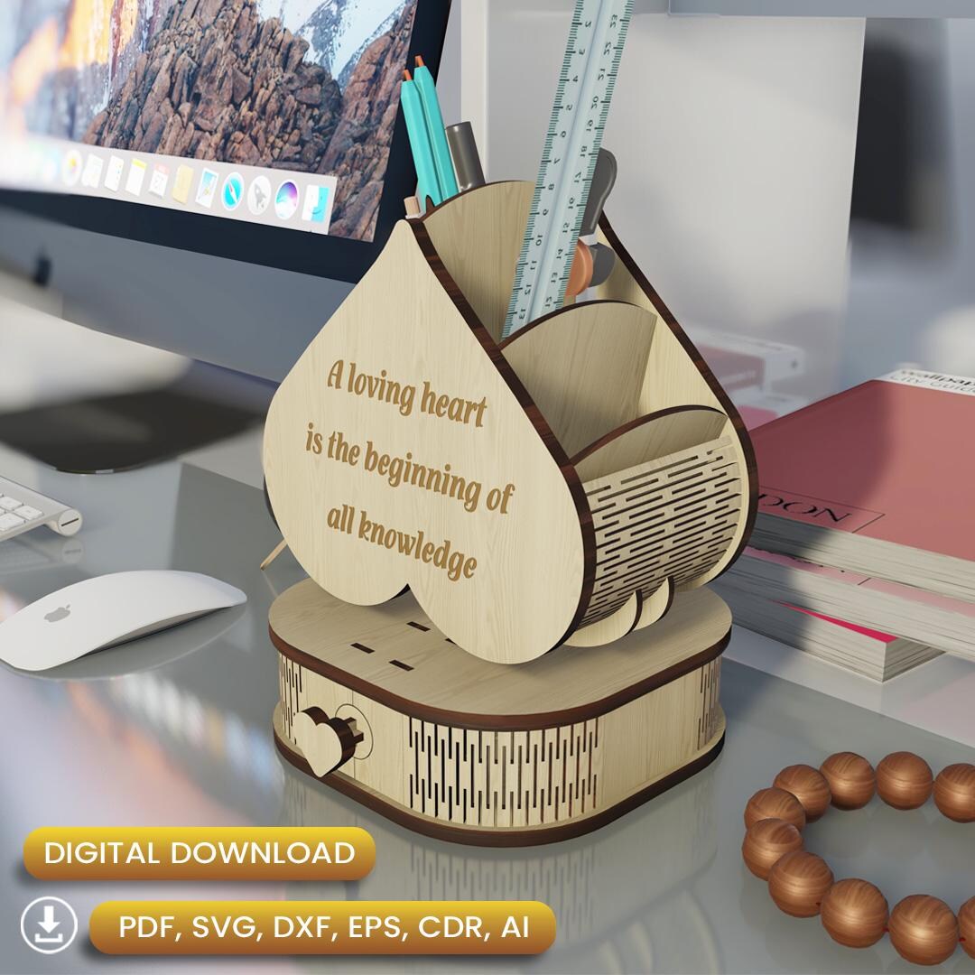 Heart Pencil Holder Svg Handmade Gift Pen Holder Laser Cut Wood Box