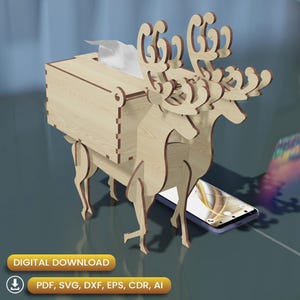 Cute deer tissue box, dxf tissue holder, glowforge, napkin holder files, tissue holder svg, tissue laser cut, tissue svg laser |#N040